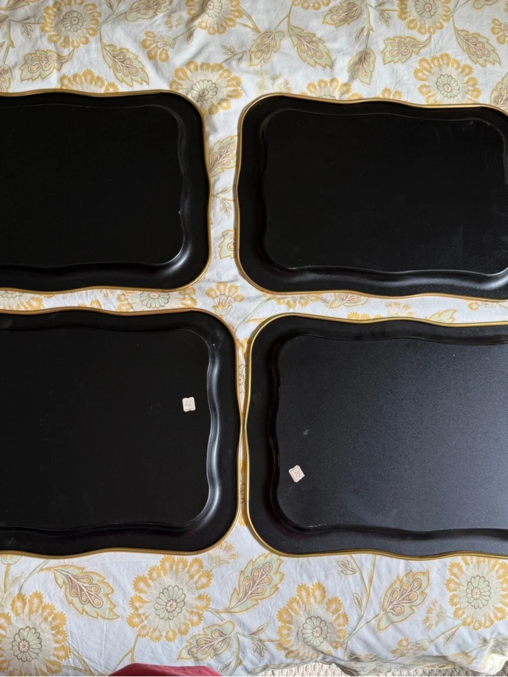 Vintage Trays set of 4 Large Black Floral Tole Metal Hand Painted Toleware Trays